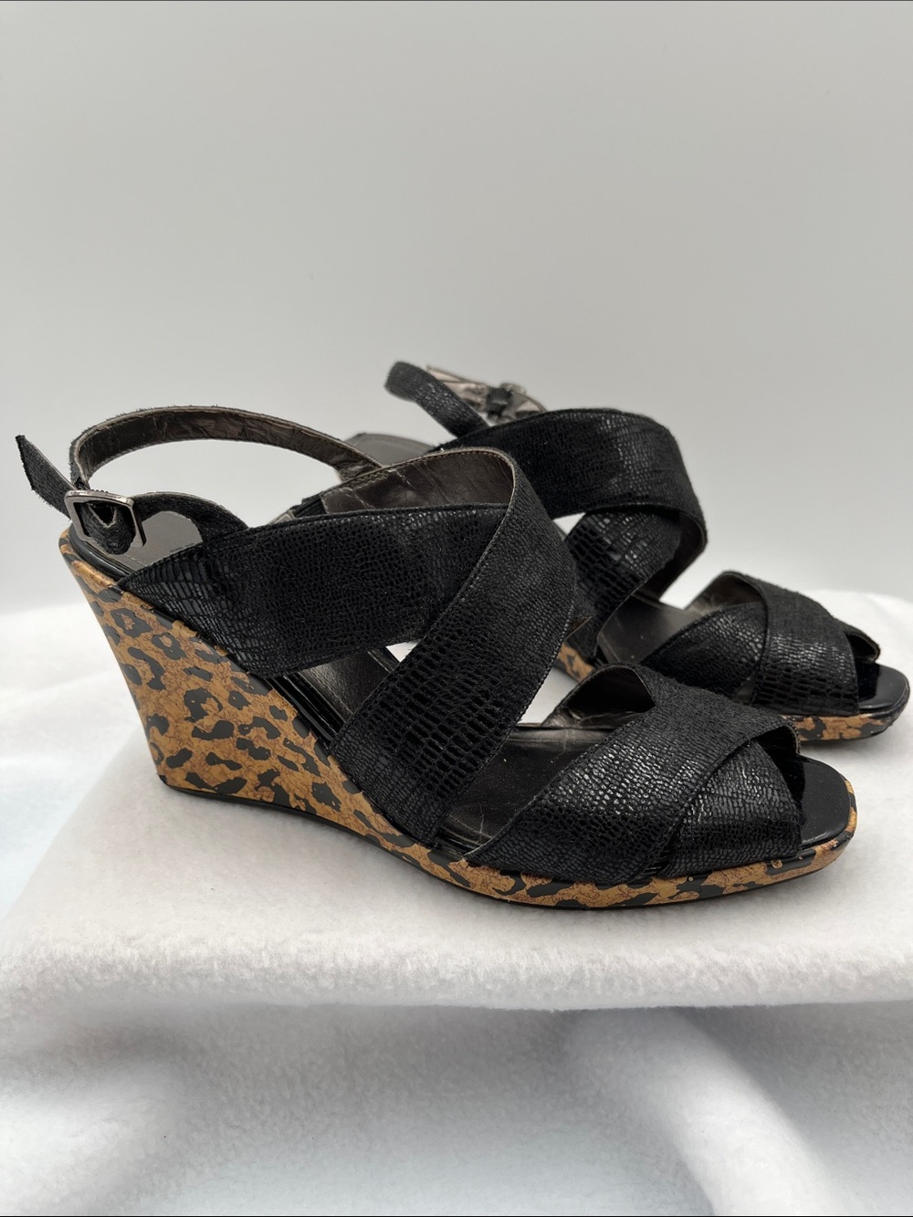 Kenneth Cole Reaction Black Crisscross Wedge Sandals with Leopard Wedge